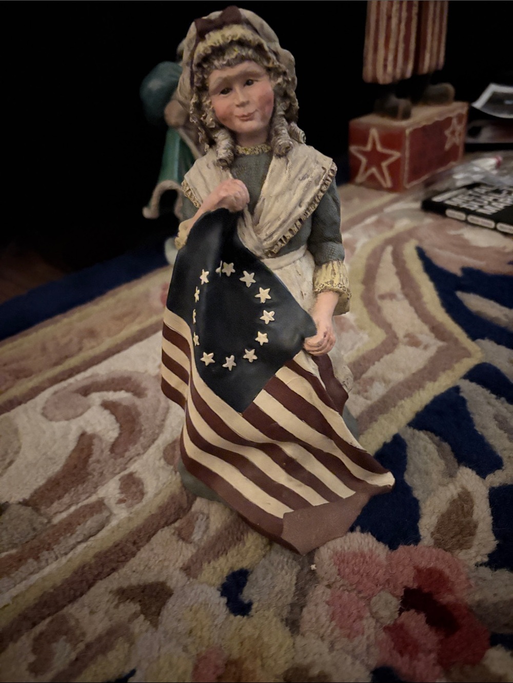 Patriotic Girl Figurine Toy Holding Betsy Ross Flag - Beige & Navy